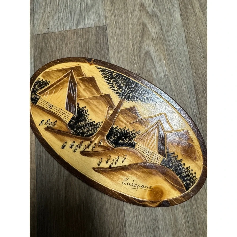 Vintage Zakopane Polish Folk Art Wood Burned Alpine Mountain Wall Plaque Oval